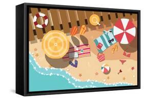 Summer Beach in Flat Design, Sea Side and Beach Items, Vector Illustration-BlueLela-Framed Stretched Canvas