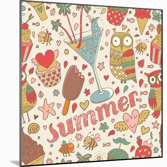 Summer Concept Seamless Pattern with Ice Cream, Owl, Cocktail and Cupcakes in Cartoon Style. Seamle-smilewithjul-Mounted Art Print