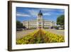 Summer flower-bed leading to South Dakota State Capitol and complex, Pierre, South Dakota, was b...-null-Framed Photographic Print