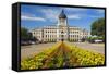 Summer flower-bed leading to South Dakota State Capitol and complex, Pierre, South Dakota, was b...-null-Framed Stretched Canvas