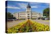 Summer flower-bed leading to South Dakota State Capitol and complex, Pierre, South Dakota, was b...-null-Stretched Canvas