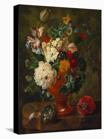 Summer Flowers in an Urn with a Bird Nest on a Marble Ledge-Gerard Van Spaendonck-Stretched Canvas