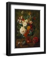 Summer Flowers in an Urn with a Bird Nest on a Marble Ledge-Gerard Van Spaendonck-Framed Premium Giclee Print