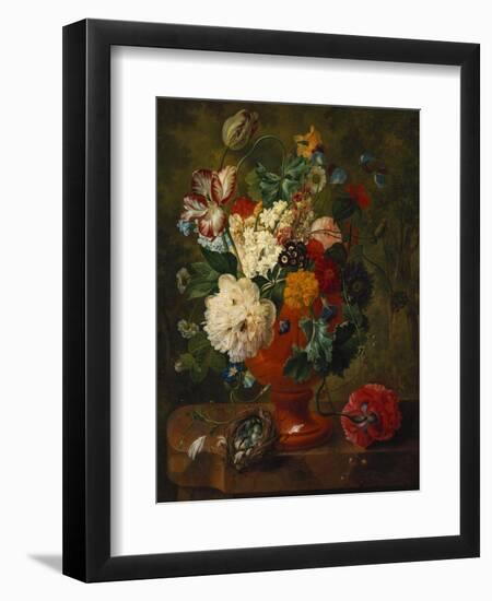 Summer Flowers in an Urn with a Bird Nest on a Marble Ledge-Gerard Van Spaendonck-Framed Premium Giclee Print