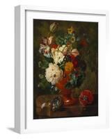 Summer Flowers in an Urn with a Bird Nest on a Marble Ledge-Gerard Van Spaendonck-Framed Giclee Print