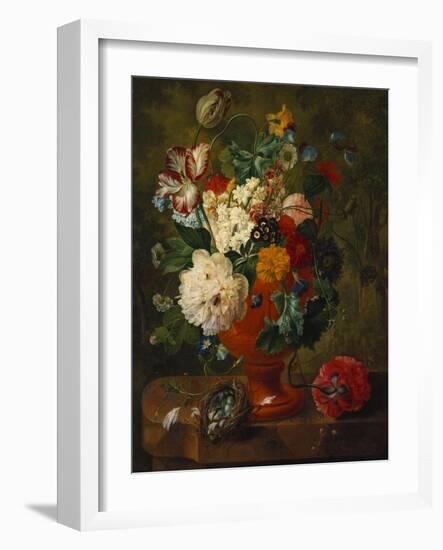 Summer Flowers in an Urn with a Bird Nest on a Marble Ledge-Gerard Van Spaendonck-Framed Giclee Print