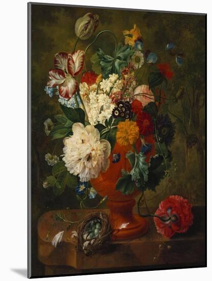 Summer Flowers in an Urn with a Bird Nest on a Marble Ledge-Gerard Van Spaendonck-Mounted Giclee Print