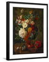 Summer Flowers in an Urn with a Bird Nest on a Marble Ledge-Gerard Van Spaendonck-Framed Giclee Print