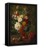 Summer Flowers in an Urn with a Bird Nest on a Marble Ledge-Gerard Van Spaendonck-Framed Stretched Canvas