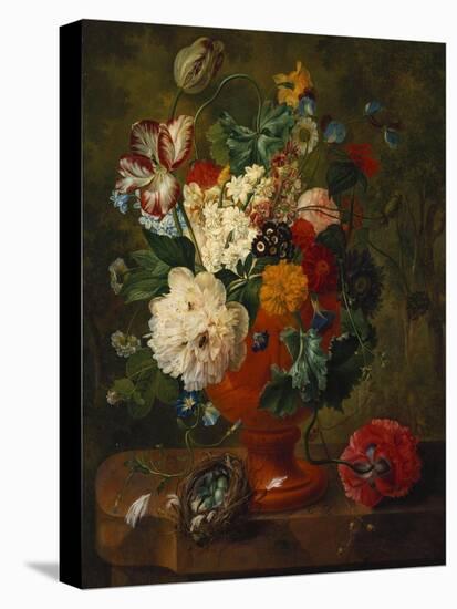 Summer Flowers in an Urn with a Bird Nest on a Marble Ledge-Gerard Van Spaendonck-Stretched Canvas