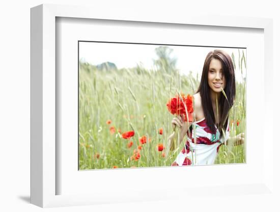 Summer Girl Running in Poppy Field-ZoomTeam-Framed Photographic Print