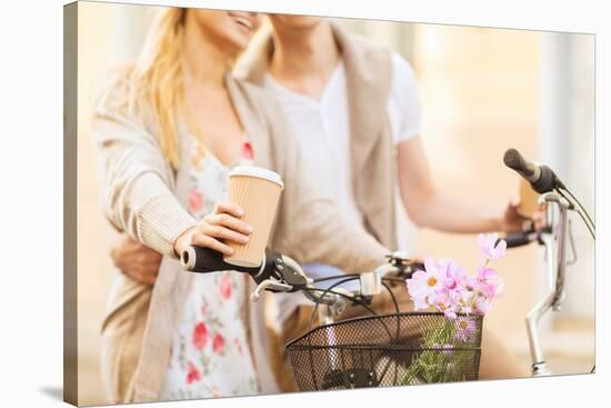 Summer Holidays, Bikes, Love, Relationship and Dating Concept - Closeup of Couple Holding Coffee An-dolgachov-Stretched Canvas