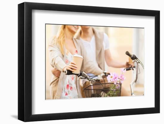 Summer Holidays, Bikes, Love, Relationship and Dating Concept - Closeup of Couple Holding Coffee An-dolgachov-Framed Photographic Print