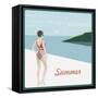 Summer Holidays Retro Poster Woman the Beach Vintage Vector Background-AntartStock-Framed Stretched Canvas