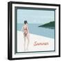 Summer Holidays Retro Poster Woman the Beach Vintage Vector Background-AntartStock-Framed Art Print