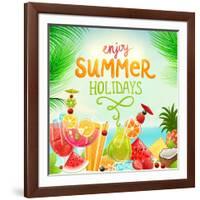 Summer Holidays Set With Cocktails, Palms, Sun, Sky, Sea, Fruits And Berries-Ozerina Anna-Framed Art Print