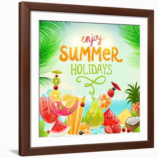 Summer Holidays Set With Cocktails, Palms, Sun, Sky, Sea, Fruits And Berries-Ozerina Anna-Framed Art Print