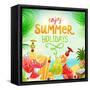 Summer Holidays Set With Cocktails, Palms, Sun, Sky, Sea, Fruits And Berries-Ozerina Anna-Framed Stretched Canvas