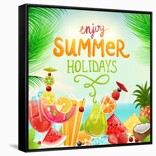 Summer Holidays Set With Cocktails, Palms, Sun, Sky, Sea, Fruits And Berries-Ozerina Anna-Framed Stretched Canvas