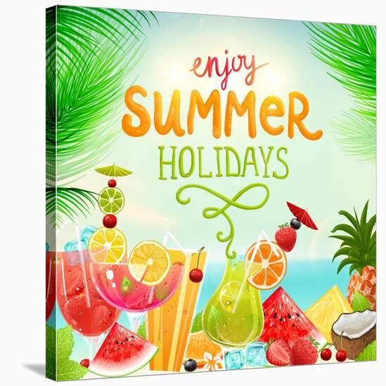 Summer Holidays Set With Cocktails, Palms, Sun, Sky, Sea, Fruits And Berries-Ozerina Anna-Stretched Canvas
