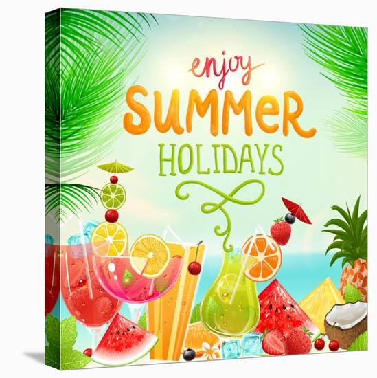 Summer Holidays Set With Cocktails, Palms, Sun, Sky, Sea, Fruits And Berries-Ozerina Anna-Stretched Canvas