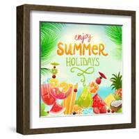 Summer Holidays Set With Cocktails, Palms, Sun, Sky, Sea, Fruits And Berries-Ozerina Anna-Framed Art Print