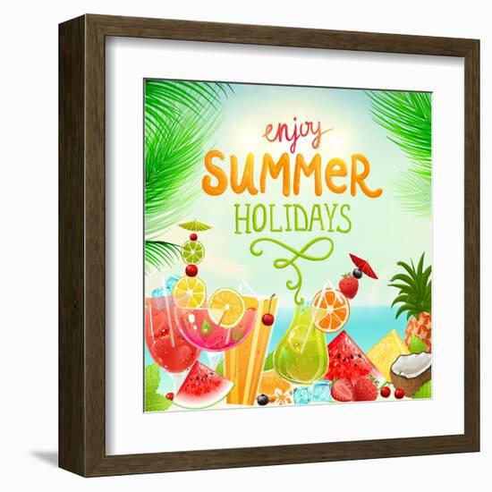 Summer Holidays Set With Cocktails, Palms, Sun, Sky, Sea, Fruits And Berries-Ozerina Anna-Framed Art Print