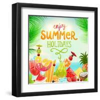 Summer Holidays Set With Cocktails, Palms, Sun, Sky, Sea, Fruits And Berries-Ozerina Anna-Framed Art Print