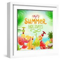 Summer Holidays Set With Cocktails, Palms, Sun, Sky, Sea, Fruits And Berries-Ozerina Anna-Framed Art Print