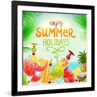 Summer Holidays Set With Cocktails, Palms, Sun, Sky, Sea, Fruits And Berries-Ozerina Anna-Framed Art Print