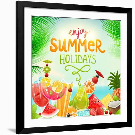 Summer Holidays Set With Cocktails, Palms, Sun, Sky, Sea, Fruits And Berries-Ozerina Anna-Framed Art Print