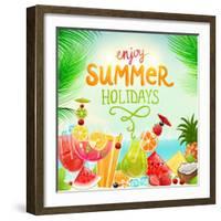 Summer Holidays Set With Cocktails, Palms, Sun, Sky, Sea, Fruits And Berries-Ozerina Anna-Framed Art Print