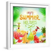 Summer Holidays Set With Cocktails, Palms, Sun, Sky, Sea, Fruits And Berries-Ozerina Anna-Framed Art Print