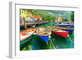 Summer Landscape and Wooden Boats,Lake Garda,Torbole Town,Italy,Europe-Gaspar Janos-Framed Premium Photographic Print