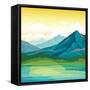 Summer Landscape - Blue Mountains with Forest and Calm River on a Sunset Cloudy Sky Background. Nat-Natali Snailcat-Framed Stretched Canvas