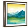 Summer Landscape - Blue Mountains with Forest and Calm River on a Sunset Cloudy Sky Background. Nat-Natali Snailcat-Framed Art Print