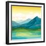 Summer Landscape - Blue Mountains with Forest and Calm River on a Sunset Cloudy Sky Background. Nat-Natali Snailcat-Framed Art Print