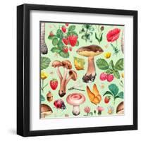 Summer Pattern with Watercolor Illustrations of Flowers and Mushrooms-Sundra-Framed Art Print