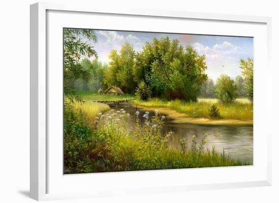 Summer Wood Lake With Trees And Bushes-balaikin2009-Framed Art Print