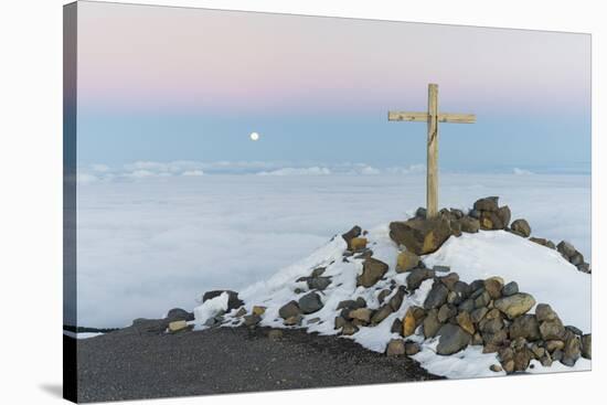 Summit Cross in the Pico De La Nieve, Full Moon, Island La Palma, Canary Islands, Spain-Rainer Mirau-Stretched Canvas