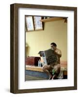 Sumo Wrestler Reading Newspaper, Tokyo City, Honshu Island, Japan-Christian Kober-Framed Photographic Print