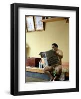 Sumo Wrestler Reading Newspaper, Tokyo City, Honshu Island, Japan-Christian Kober-Framed Photographic Print