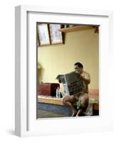 Sumo Wrestler Reading Newspaper, Tokyo City, Honshu Island, Japan-Christian Kober-Framed Photographic Print