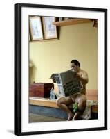 Sumo Wrestler Reading Newspaper, Tokyo City, Honshu Island, Japan-Christian Kober-Framed Photographic Print