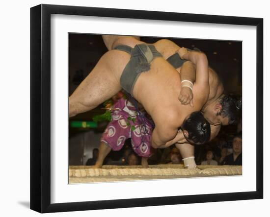 Sumo Wrestlers Competing, Grand Taikai Sumo Wrestling Tournament, Kokugikan Hall Stadium, Tokyo-Christian Kober-Framed Photographic Print