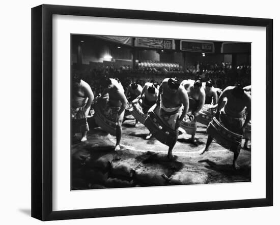 Sumo Wrestlers Performing a Ritual Dance Before a Demonstration Match-Bill Ray-Framed Photographic Print