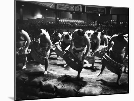 Sumo Wrestlers Performing a Ritual Dance Before a Demonstration Match-Bill Ray-Mounted Photographic Print