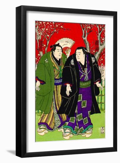 Sumo Wrestlers Strolling Under Cherry Blossoms-null-Framed Giclee Print