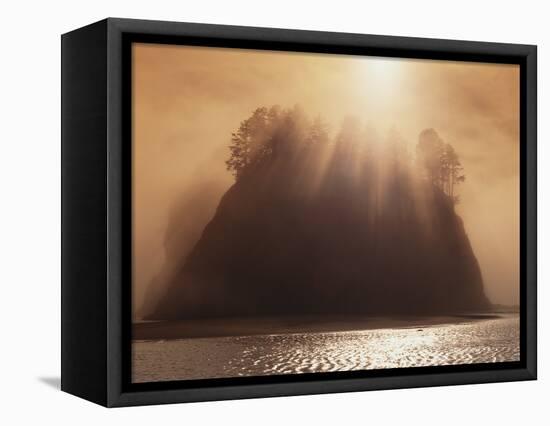 Sun Beams Breaking through Fog over Sea Stack-James Randklev-Framed Stretched Canvas