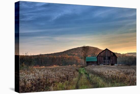 Sun Begins to Rise over a Rustic Old Barn.-Michael G Mill-Stretched Canvas